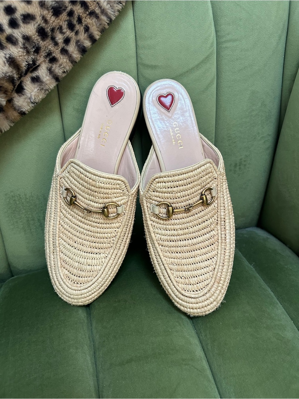 Gucci Cream Raffia Horsebit Mules